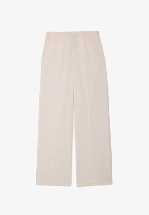 Pantalon beige à jambes larges avec taille élastique et cordon de serrage, fabriqué en tissu léger, idéal pour une tenue décontractée.
