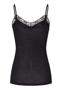 Svart linne med ribbat mönster, justerbara spaghettiaxlar och en spetsdekoration längs halsringningen med vågiga kanter.