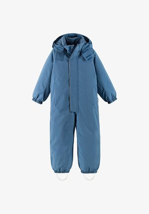 Niebieski, ocieplany kombinezon narciarski z kapturem, elastycznymi mankietami i zamkiem z przodu. Posiada regulowane paski i gładką tkaninę.
