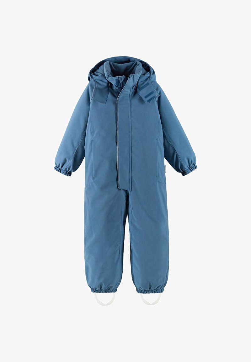 Niebieski, ocieplany kombinezon narciarski z kapturem, elastycznymi mankietami i zamkiem z przodu. Posiada regulowane paski i gładką tkaninę.
