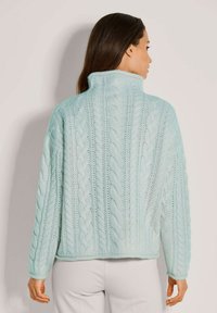 Frau von hinten, die einen hellblauen, strukturierten Pullover mit hohem Kragen und langen Ärmeln trägt, kombiniert mit hellgrauen Hosen.