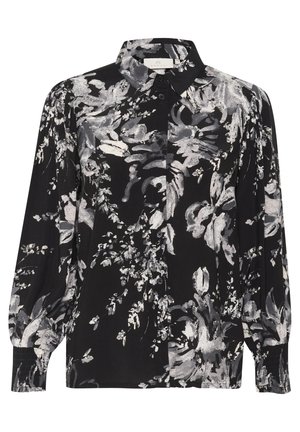 Blusa nera floreale con motivi floreali grigi e bianchi. Presenta un colletto, una chiusura frontale con bottoni e maniche lunghe arricciate.