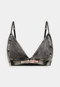 Dreieck-Bralette aus ausgewaschenem schwarzem Denim mit dünnen, verstellbaren Trägern. Verfügt über ein Logo-Etikett an der Basis und kontrastierende Nahtdetails.