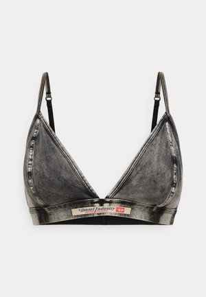 Trekantet bralette i falmet svart denim med tynne justerbare stropper. Har en logolapp ved basen og kontrasterende sømmer.