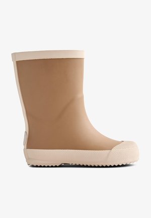 Stivale alla caviglia in gomma marrone con suola in gomma crema. Presenta una texture liscia, punta rotonda e un design della suola intermedia rialzato.