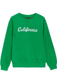 Zelená mikina z měkké látky s bílým nápisem "California" zaobleným písmem přes hrudník. Dlouhé rukávy a žebrované manžety.