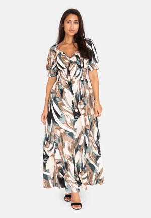 Maxi abito in morbido tessuto con un design astratto in teal, marrone e bianco. Presenta maniche a palloncino corte e una vita aderente.