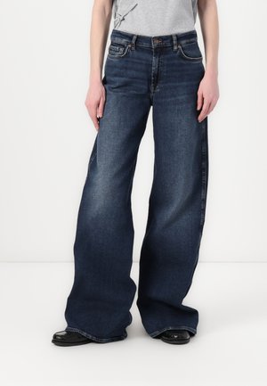 Wide-leg dark blue jeans with a classic five-pocket design, made of denim. Features a button and zipper fly with a slightly faded texture.