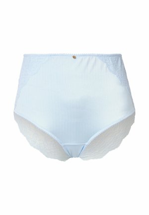 Svetle modré kalhotky s vysokým pasem, vyrobené z hladké látky a zdobené krajkovými akcenty, se středním zlatým knoflíkem a vlnkovanými okraji.