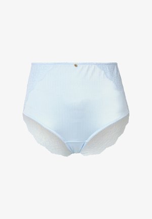 Completo intimo blu chiaro a vita alta realizzato in tessuto liscio con dettagli in pizzo, caratterizzato da un bottone dorato centrale e bordi ondulati.