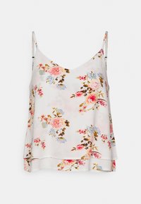 Top de alça floral em tecido leve, com um fundo branco suave decorado com flores em tons de rosa, azul e castanho, e alças finas ajustáveis.