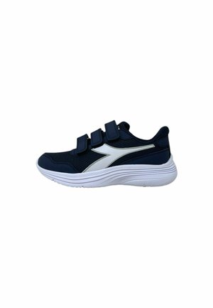 Scarpe sportive di colore blu navy con tre cinturini regolabili in velcro, un'accennata bianca sul lato, parte superiore in rete e suola bianca testurizzata per una presa migliore.