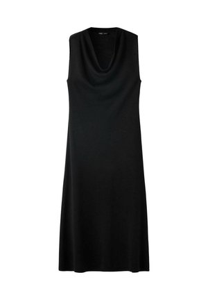 Robe midi noire sans manches avec un col bénitier ample et une silhouette légèrement évasée sur fond blanc.