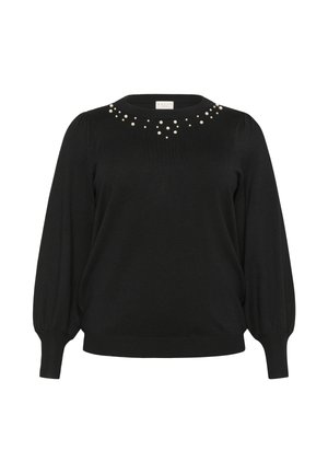 Schwarzer Pullover mit langen Ärmeln, gepufften Bündchen und rundem Ausschnitt, verziert mit verstreuten Perlenakzenten.