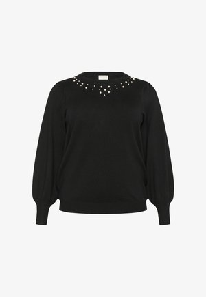 Black long-sleeve sweater with puffed cuffs and round neckline adorned with scattered pearl embellishments.