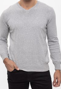 Homme portant un pull léger gris clair à encolure en V avec un petit logo brodé sur la poitrine et un pantalon noir, une main dans la poche.