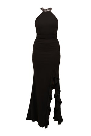 Robe noire à col halter, avec un décolleté perlé, une silhouette ajustée et une fente latérale ornée de volants à l'ourlet.