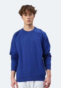 Felpa blu con collo rotondo, polsini e orlo a coste. Tessuto liscio con maniche lunghe e un design semplice e senza decorazioni.