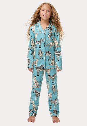 Türkisfarbenes Schlafanzugset mit einem Knopfverschluss-Oberteil und passenden Hosen, verziert mit schwarz-beigen Zebramuster und Leopardenprint.