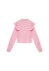 Rosa Langarmshirt mit Rüschendetails an den Schultern, aus leichtem Stoff, mit umlegtem Kragen und Knopfmanschetten.