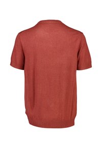 Kortärmad, rostfärgad polo-tröja gjord av ett mjukt tyg med ribbad krage och nederkant. Har en ren, minimalistisk design.