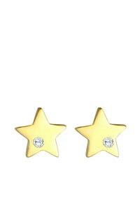 Orecchini a forma di stella dorata con finitura lucida e un accento di pietra trasparente su ciascun orecchino. Design semplice, leggeri e versatili.