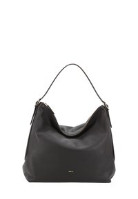 Borsa a spalla in pelle nera con una texture morbida, forma curvata e chiusura con zip. Presenta un manico sottile e un discreto dettaglio del logo in oro.