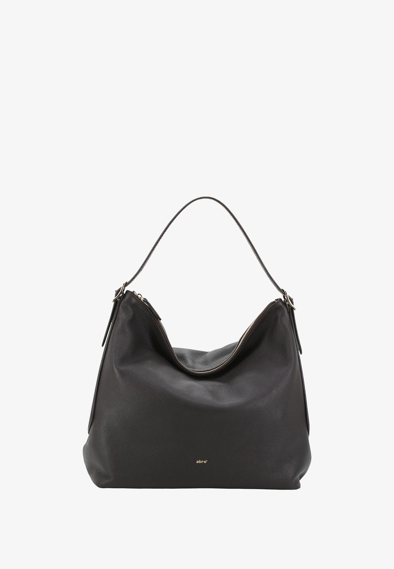 Zwarte leren schoudertas met een zachte textuur, gebogen vorm en een ritssluiting. Voorzien van een slanke handgreep en een subtiele gouden logo-detail.