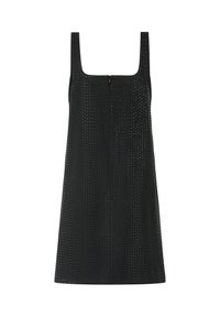 Vestido negro sin mangas que cuenta con un escote cuadrado y un patrón texturizado de pequeñas perforaciones por todo el material, con un cierre de cremallera en la parte posterior.