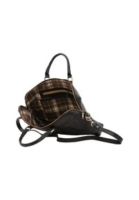 Sac en cuir noir avec des finitions dorées, doté d'un intérieur à carreaux. Le design comprend des poignées doubles et une bandoulière amovible.