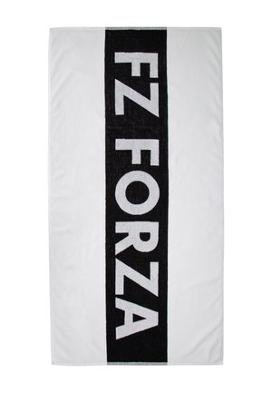 Hvidt håndklæde med en lodret sort stribe i midten med fed hvid tekst "FZ FORZA."