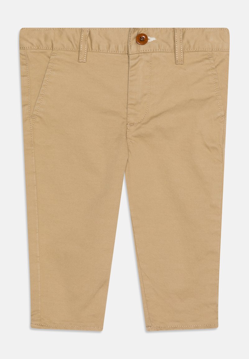 Khaki chinos with a straight leg design, featuring a brown button and front pockets. Made from smooth fabric with visible stitching.