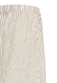 Tissu beige avec fines rayures verticales noires, doté d'une taille élastique et d'une poche latérale avec un détail à rayures diagonales.