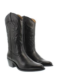 Black leather cowboy boots with pointed toes, a patterned shaft featuring embossed designs, and a stacked heel. Suitable for Western wear.
