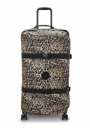 Wheeled suitcase with a leopard print pattern, featuring black straps, a logo patch, and retractable handle. Made of durable fabric.