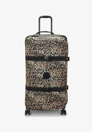 Valise à roulettes avec un motif léopard, dotée de sangles noires, d'un patch logo et d'une poignée rétractable. Fabriquée en tissu durable.