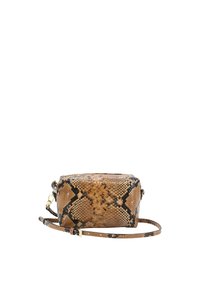 Brown snakeskin crossbody bag with black accents and a gold hardware clasp. Features a structured shape and a detachable adjustable strap.