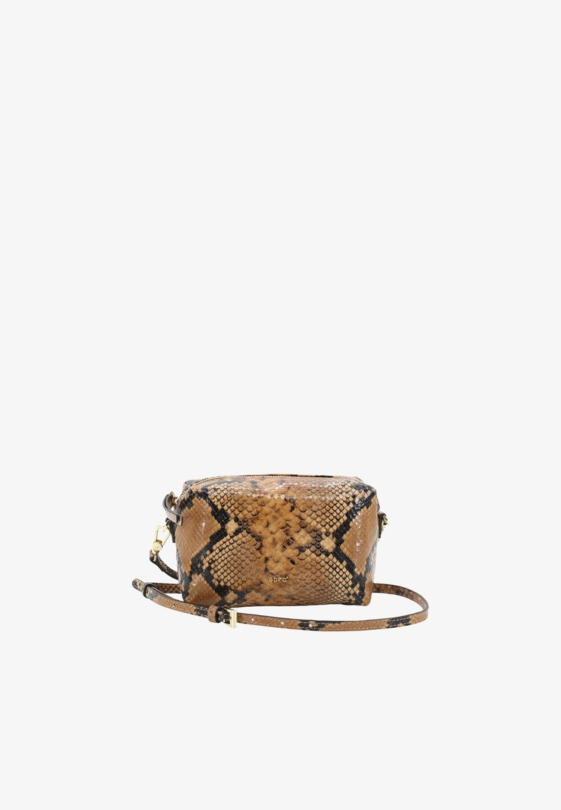 Brown snakeskin crossbody bag with black accents and a gold hardware clasp. Features a structured shape and a detachable adjustable strap.
