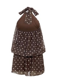 Καφέ φόρεμα με halter neck και λευκές πουά, στρωματοποιημένο ύφασμα από σιφόν και δεμένη φιόγκο στο ντεκολτέ.