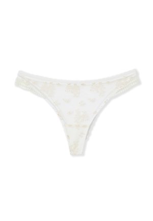 Tanga blanco transparente con delicados bordados florales y cintura elástica con pequeños volantes.