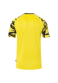 Lys gul kortærmet skjorte med et sort mønster på ærmerne, lavet af letvægtsmateriale, med rund hals og glat tekstur.