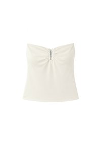Top blanc sans bretelles avec un détail froncé au centre et une petite fente verticale à l'encolure, tissu lisse et coupe ajustée.