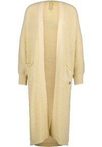 Beżowy, kremowy kardigan na drutach z otwartym przodem, teksturowanym wzorem, opuszczanymi ramionami, dwoma przednimi kieszeniami oraz małym serduszkiem na kieszeni.