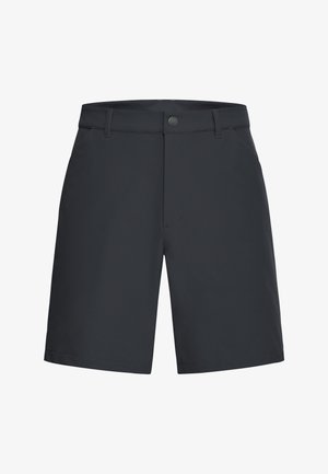 Dunkelgraue Shorts aus leichtem Stoff mit flacher Vorderseite, zwei Seitentaschen und klassischem Knopfverschluss.