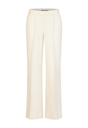 Cream-colored, straight-leg trousers with front seam details and a mid-rise waistband, displayed on a plain white background.