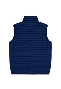 Marineblaue gesteppte ärmellose Weste mit hohem Kragen, die mit horizontalen Nähten und einer glatten, glänzenden Textur versehen ist. Keine vorderen Öffnungen.