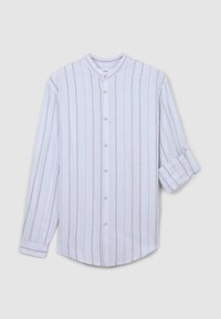 Camicia bianca con bottoni, a righe verticali marrone chiaro, colletto alla mandarino, maniche lunghe e polsini con bottone. Texture morbida e liscia.
