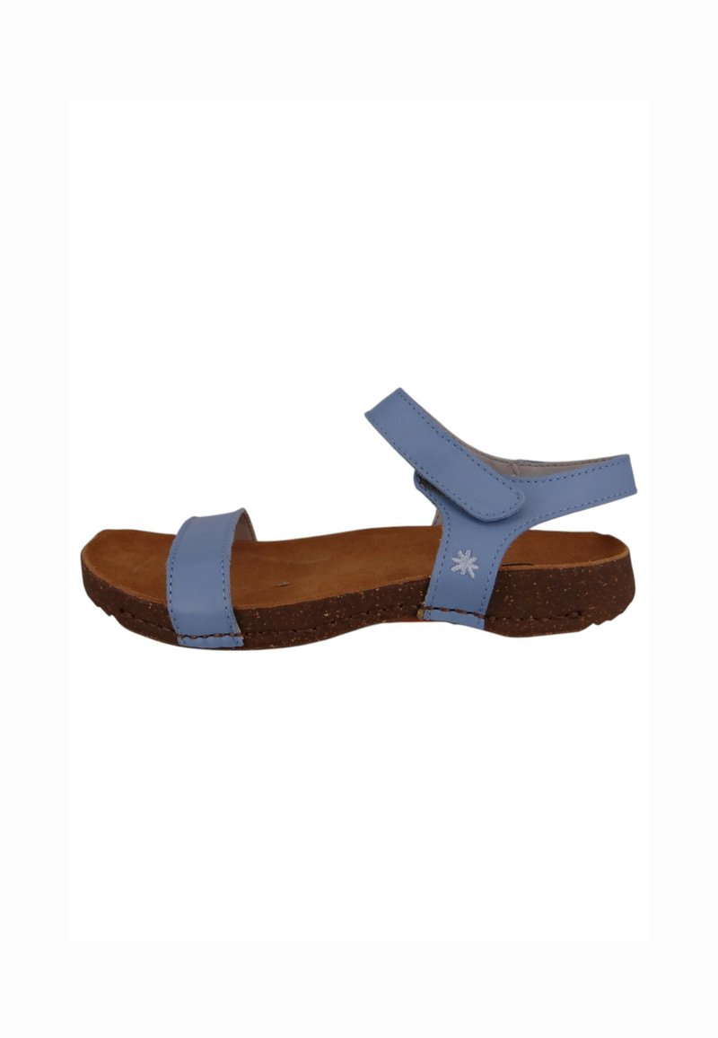 Blue leather sandal with two adjustable straps, cork midsole, and a flat sole. Features a small embroidered design on the strap.