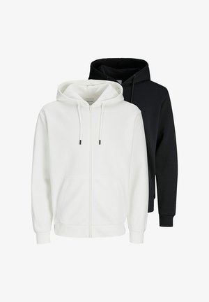 Hoodies met rits in wit en zwart. Gemaakt van zachte stof, met voorzakken en capuchons met trekkoord. Gladde textuur, casual pasvorm.