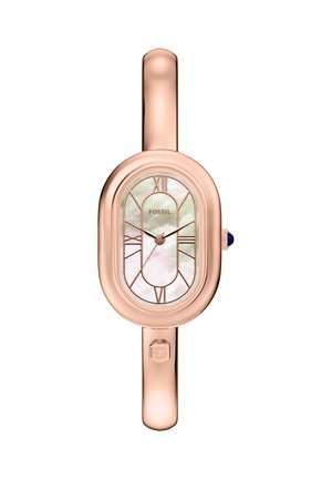 Hodinky z růžového zlata s oválným pouzdrem, bílým ciferníkem z perleti, stříbrnými hodinovými značkami a modrým akcentem na korunce. Pružný kovový náramek.